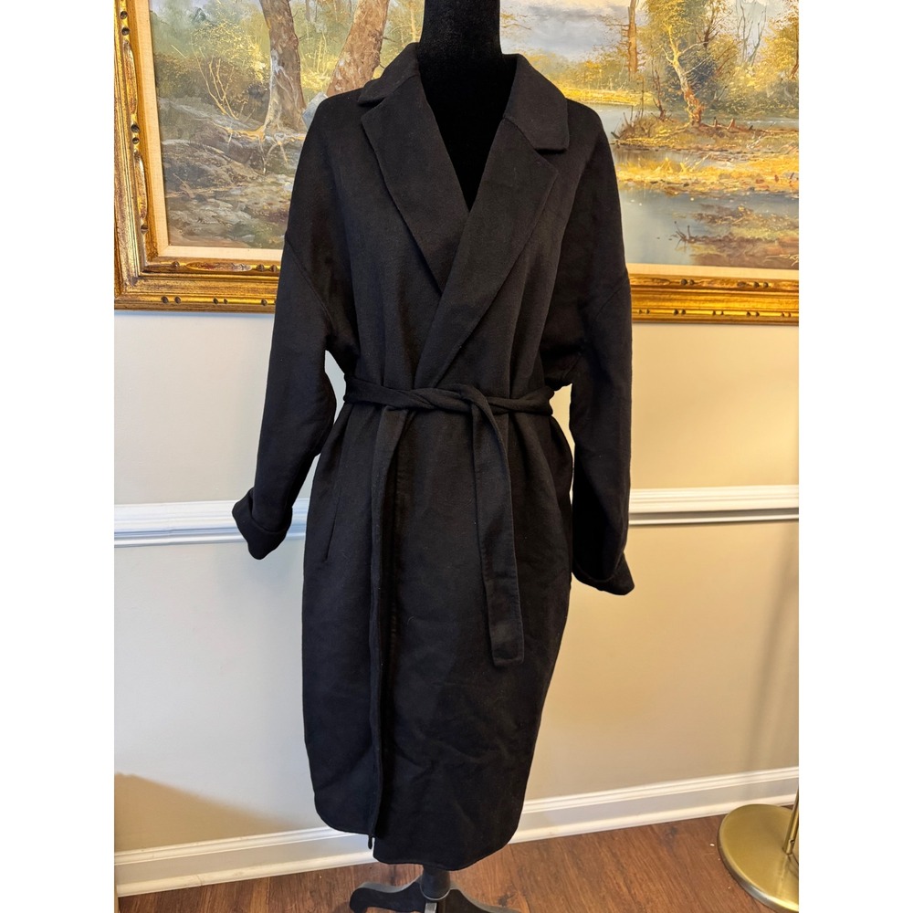 Express Black Longline Wrap Coat Notched Lapel Tie Belt OS Relaxed Fit Business